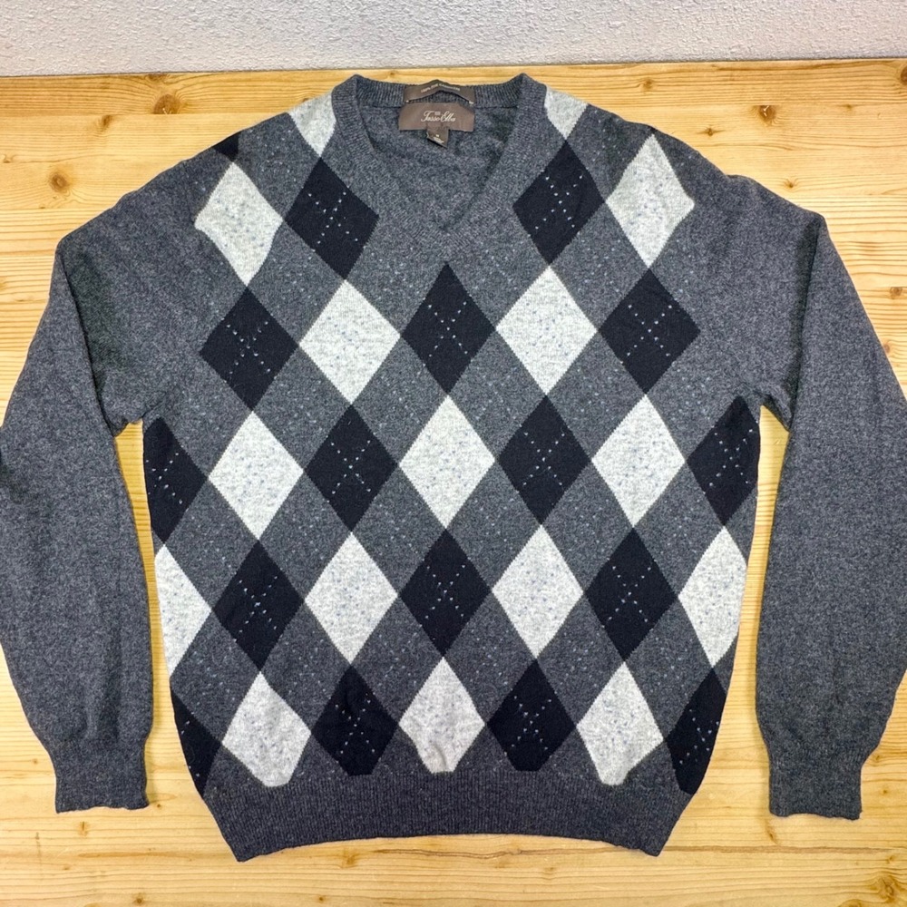 Tasso Elba Men's Medium V-Neck 100%‎ Fine Cashmere Argyle Sweater Gray